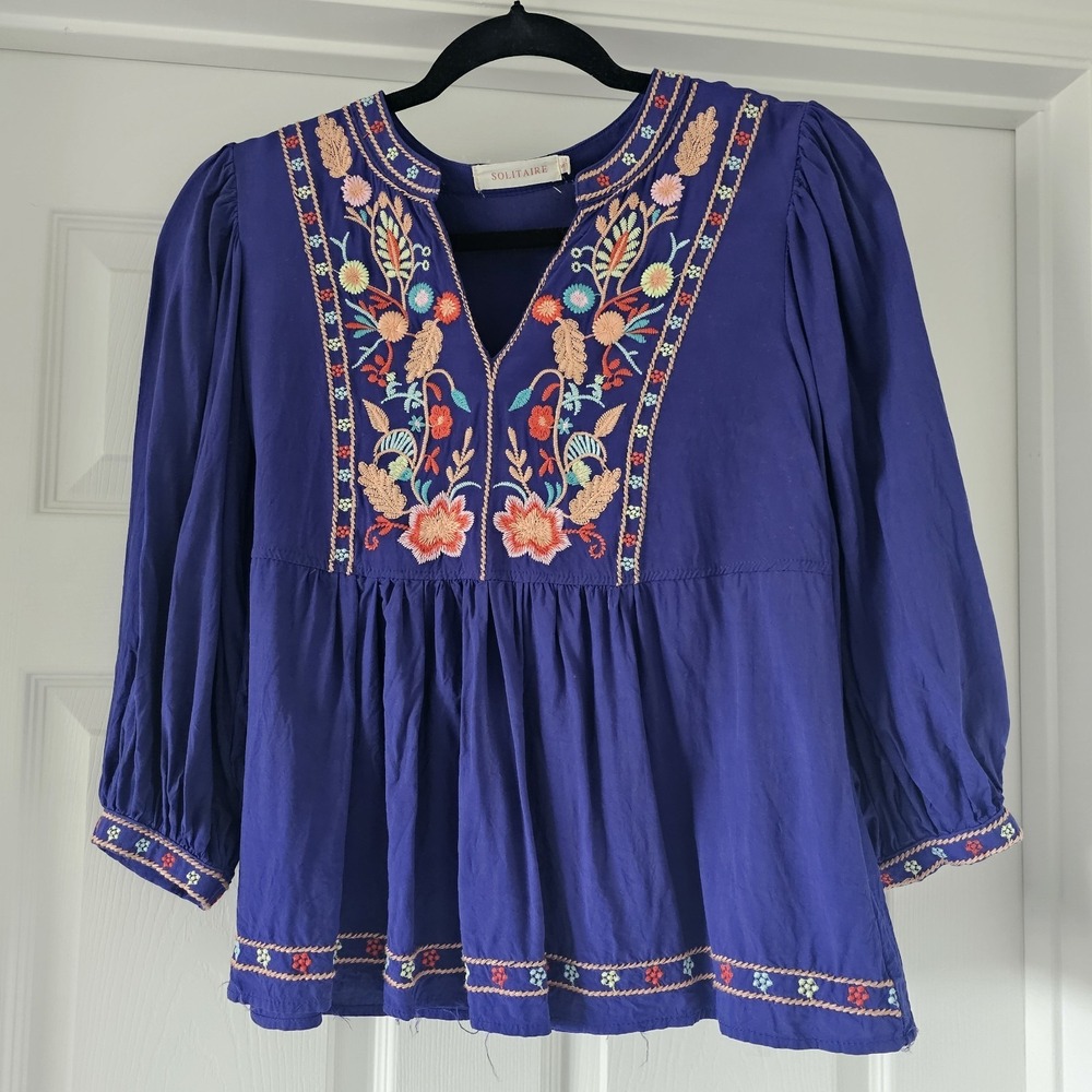Solitaire Indigo Blue Floral Embroidered Peasant Blouse Sz Small #31